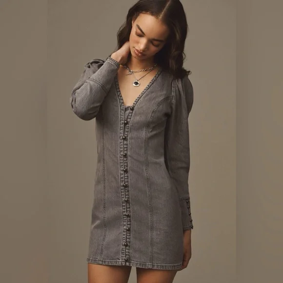 Anthropologie X Pilcro Puff Sleeve Denim Mini Dress Gray - Picture 3 of 11